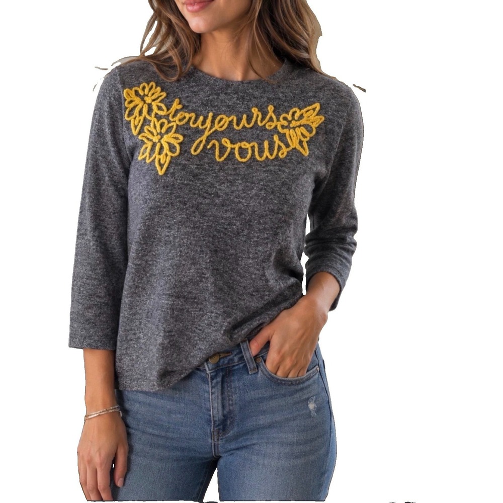 Zara Gray "Toujours Vous" Sweater – Yellow Embroidery – Women's Sz Medium